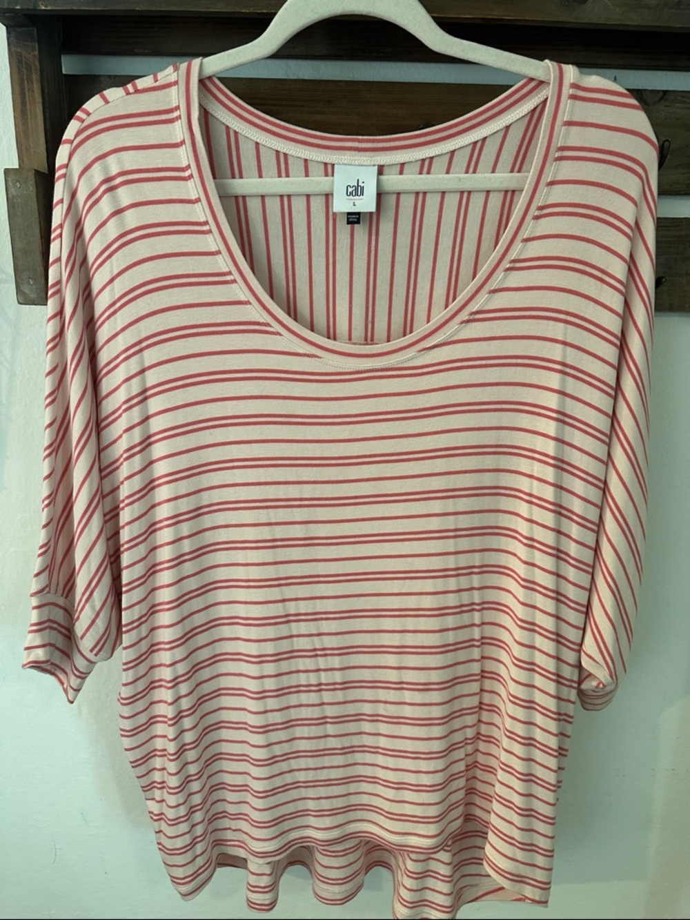 CAbi Tickled Pink Cream and Pink Striped Scoop Neck 3/4 Short Sleeve Top